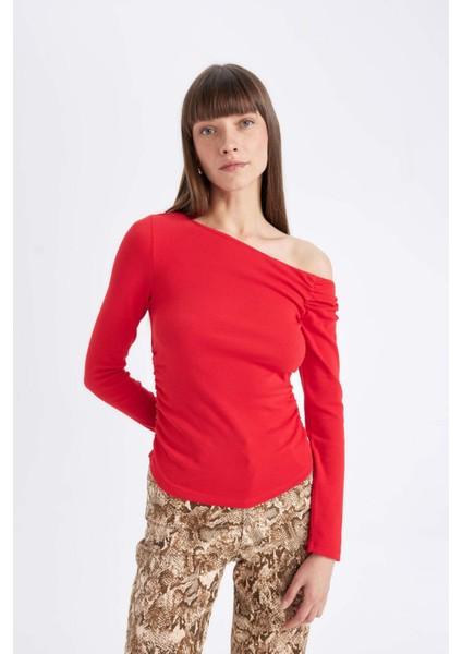 Kırmızı Slim Fit Dar Kesim Tek Omuzlu Ribana Basic Düz Uzun Kollu Tişört D4970AX24AU