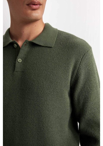 Haki Standart Fit Normal Kesim Polo Yaka Triko Kazak D3589AX24WN