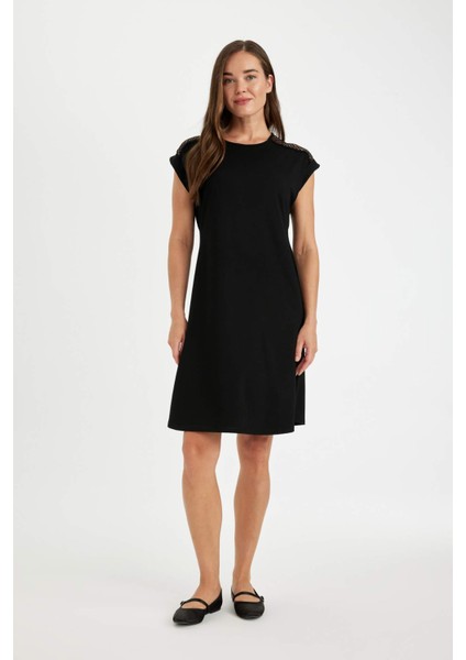 A Kesim Bisiklet Yaka Bsic Düz Kısa Kollu Midi Elbise D4659AX24HS