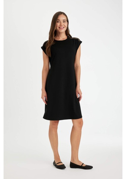 A Kesim Bisiklet Yaka Bsic Düz Kısa Kollu Midi Elbise D4659AX24HS