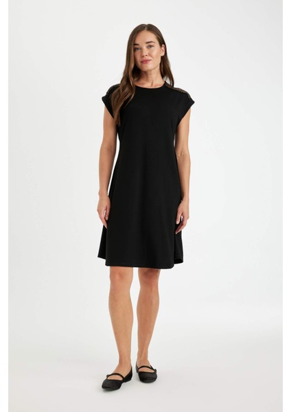 A Kesim Bisiklet Yaka Bsic Düz Kısa Kollu Midi Elbise D4659AX24HS