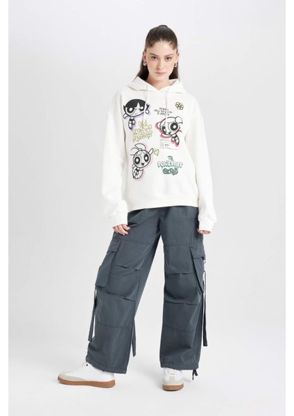 Coool PowerPuff Girls Oversize Geniş Kalıp Kapüşonlu Baskılı Kalın Sweatshirt D4846AX24WN