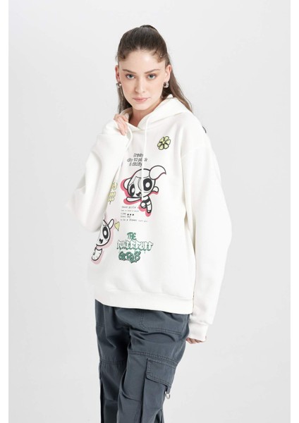 Coool PowerPuff Girls Oversize Geniş Kalıp Kapüşonlu Baskılı Kalın Sweatshirt D4846AX24WN