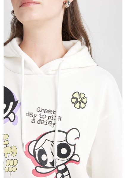 Coool PowerPuff Girls Oversize Geniş Kalıp Kapüşonlu Baskılı Kalın Sweatshirt D4846AX24WN