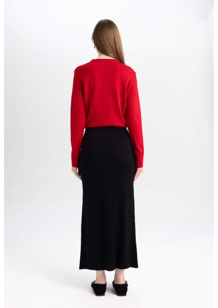 Regular Fit Beli Lastikli Basic Düz Siyah Triko Maxi Etek D2526AX24WN