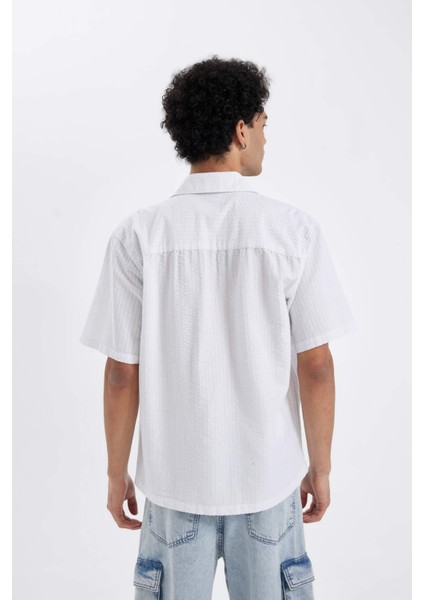 Relax Fit Yazlık Pamuklu Gofre Kısa Kollu Beyaz Gömlek D4622AX24HS