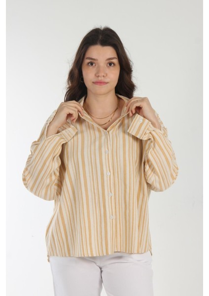 5593 Kalın İnce Çizgili Arkası Uzun Gömlek