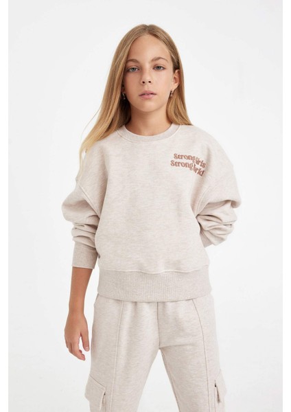Kız Çocuk Relax Fit Bisiklet Yaka Baskılı Sweatshirt D2886A824WN