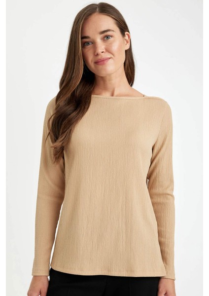 Regular Fit Kayık Yaka Bürümcük Uzun Kollu Tişört D3711AX24AU