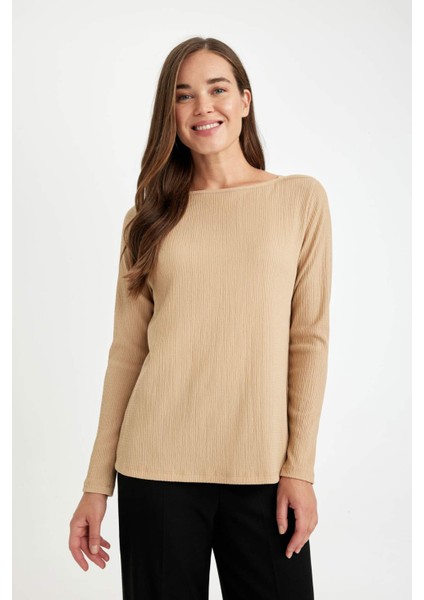 Regular Fit Kayık Yaka Bürümcük Uzun Kollu Tişört D3711AX24AU