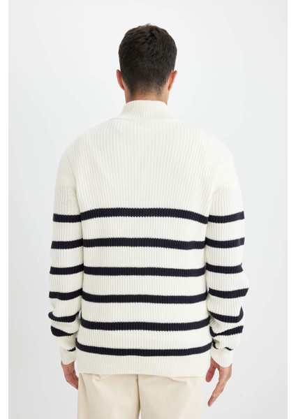 Standart Fit Dik Yaka Yarım Fermuarlı Çizgili Triko Kazak D3274AX24WN