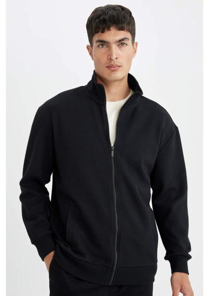 Comfort Regular Fit Rahat Kesim Dik Yaka Cepli Basic Düz Fermuarlı Sweatshirt D4971AX24AU
