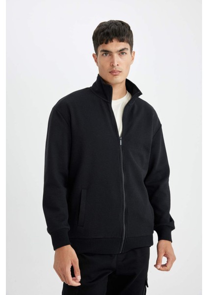 Comfort Regular Fit Rahat Kesim Dik Yaka Cepli Basic Düz Fermuarlı Sweatshirt D4971AX24AU