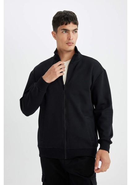 Comfort Regular Fit Rahat Kesim Dik Yaka Cepli Basic Düz Fermuarlı Sweatshirt D4971AX24AU
