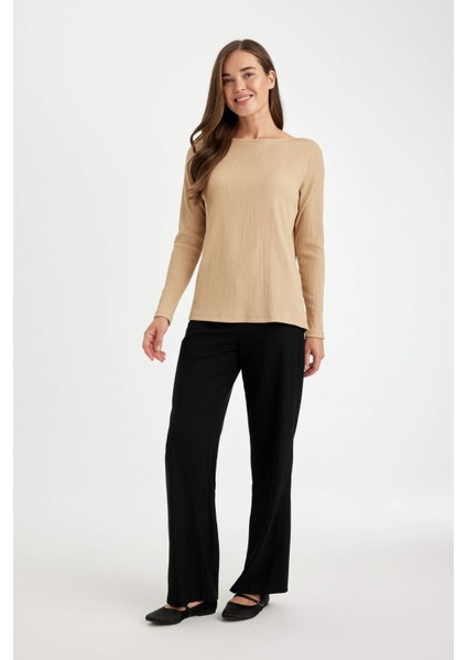 Regular Fit Kayık Yaka Bürümcük Uzun Kollu Tişört