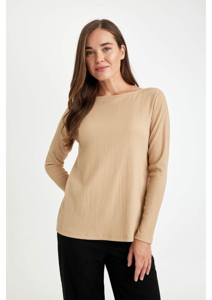 Regular Fit Kayık Yaka Bürümcük Uzun Kollu Tişört