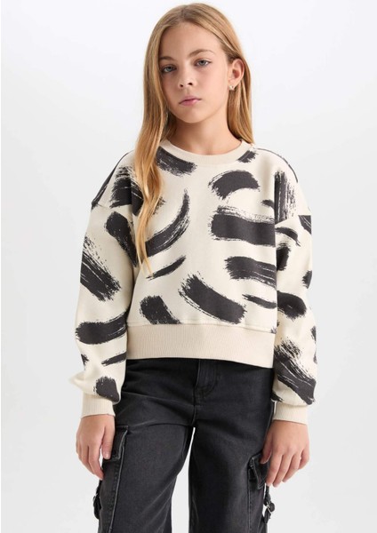 Kız Çocuk Desenli Bisiklet Yaka Sweatshirt D3018A824WN