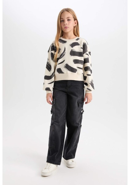 Kız Çocuk Desenli Bisiklet Yaka Sweatshirt D3018A824WN