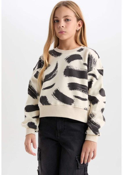 Kız Çocuk Desenli Bisiklet Yaka Sweatshirt D3018A824WN