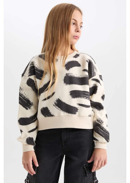 Kız Çocuk Desenli Bisiklet Yaka Sweatshirt D3018A824WN