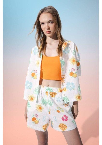 Oversize Geniş Kalıp Desenli Pijama Yaka Kısa Kollu Gömlek D5117AX24HS