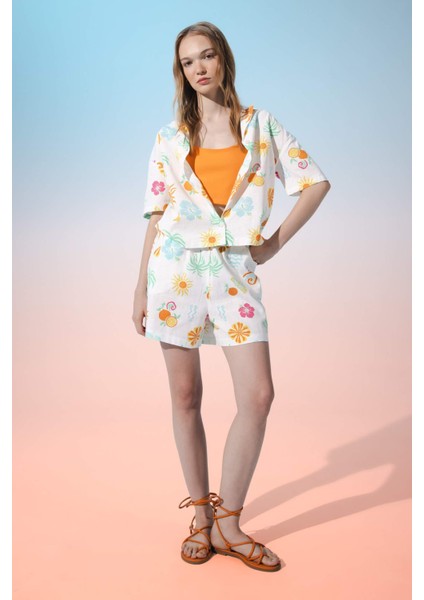 Oversize Geniş Kalıp Desenli Pijama Yaka Kısa Kollu Gömlek D5117AX24HS