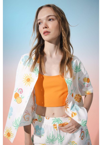 Oversize Geniş Kalıp Desenli Pijama Yaka Kısa Kollu Gömlek D5117AX24HS