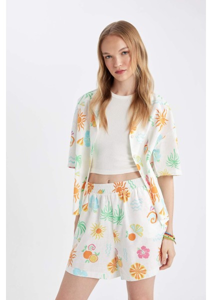 Oversize Geniş Kalıp Desenli Pijama Yaka Kısa Kollu Gömlek D5117AX24HS