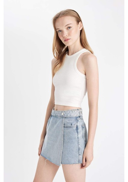 Yüksek Bel Kesik Uçlu Paça Jean Şort Etek D4587AX24HS