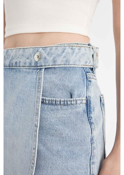 Yüksek Bel Kesik Uçlu Paça Jean Şort Etek D4587AX24HS