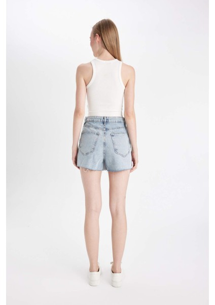 Yüksek Bel Kesik Uçlu Paça Jean Şort Etek D4587AX24HS