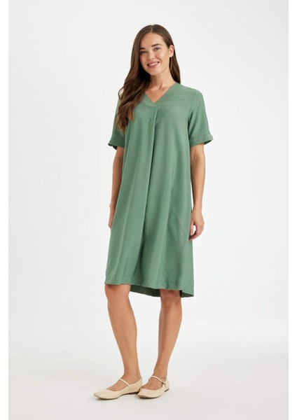 Regular Fit V Yaka Kısa Kollu Midi Elbise D4574AX24HS