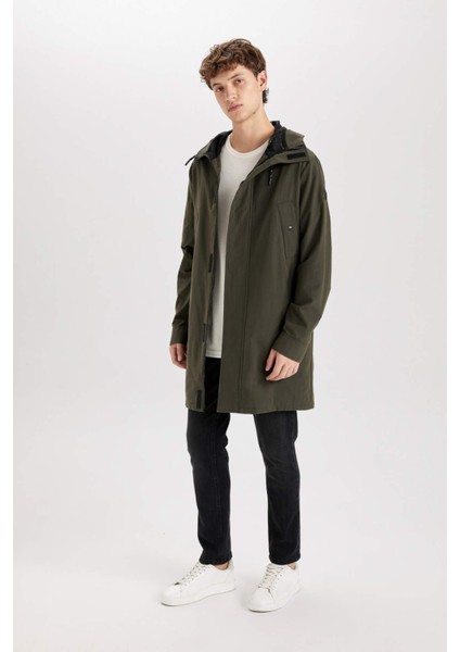Su İtici Regular Fit Kapüşonlu Fermuarlı Cepli Uzun Mevsimlik Yağmurluk Hafif Mont D5031AX24WN