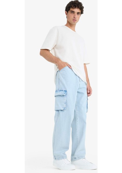 %100 Pamuk Baggy Fit Geniş Kalıp Normal Bel Geniş Paça Kargo Cepli Jean Pantolon