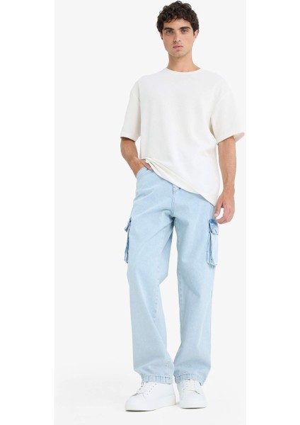 %100 Pamuk Baggy Fit Geniş Kalıp Normal Bel Geniş Paça Kargo Cepli Jean Pantolon