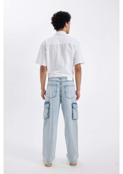 %100 Pamuk Baggy Fit Geniş Kalıp Normal Bel Geniş Paça Kargo Cepli Jean Pantolon