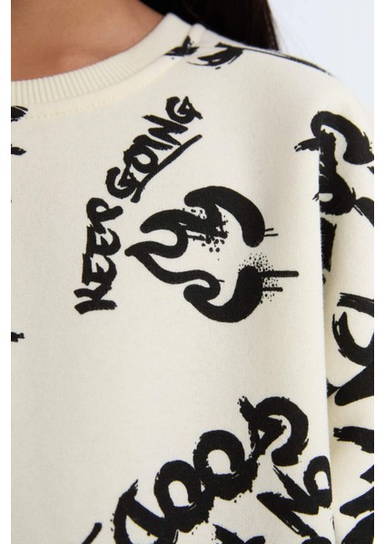 Kız Çocuk 2'li Takım Desenli Sweatshirt Beli Lastikli Eşofman Altı D4871A824WN