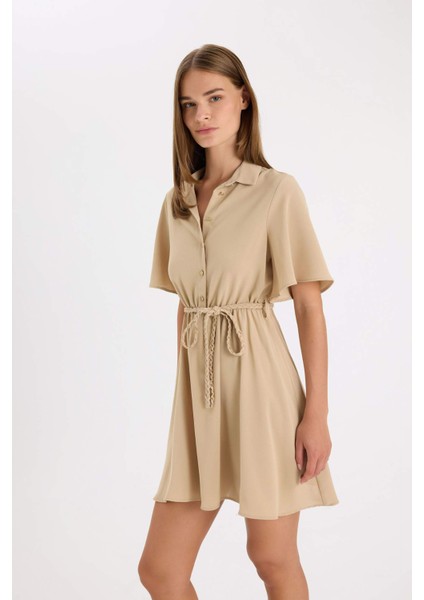 Gömlek Yaka Kısa Kollu Kemerli Mini Elbise D4095AX24HS