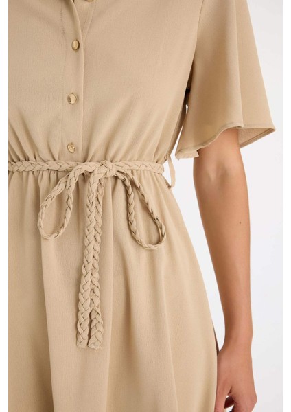 Gömlek Yaka Kısa Kollu Kemerli Mini Elbise D4095AX24HS