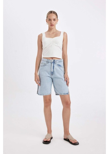 Yüksek Bel Jean Bermuda Şort
