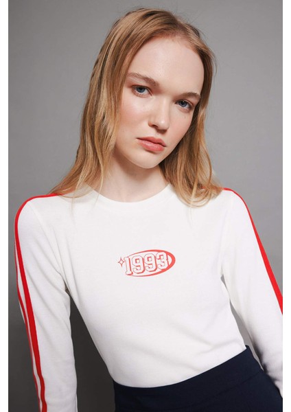 Beyaz Coool Fitted Vücuda Oturan Bisiklet Yaka Baskılı Ribana Uzun Kollu Tişört D4752AX24AU