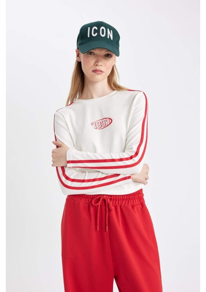 Beyaz Coool Fitted Vücuda Oturan Bisiklet Yaka Baskılı Ribana Uzun Kollu Tişört D4752AX24AU