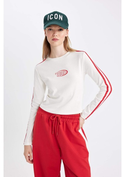 Beyaz Coool Fitted Vücuda Oturan Bisiklet Yaka Baskılı Ribana Uzun Kollu Tişört D4752AX24AU