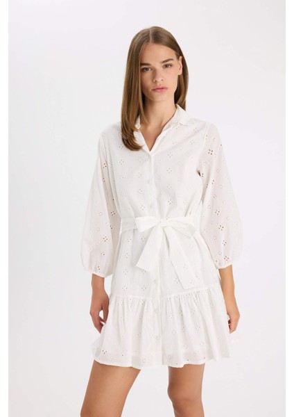 Gömlek Yaka Brode Uzun Kollu Mini Elbise D4399AX24HS