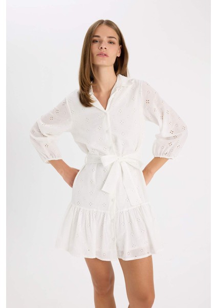 Gömlek Yaka Brode Uzun Kollu Mini Elbise D4399AX24HS