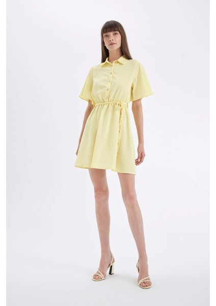 Gömlek Yaka Kısa Kollu Kemerli Mini Elbise D4095AX24HS