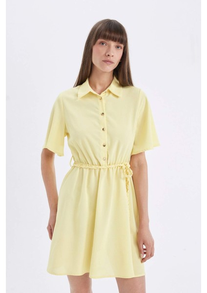 Gömlek Yaka Kısa Kollu Kemerli Mini Elbise D4095AX24HS