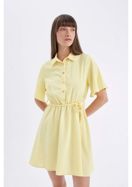 Gömlek Yaka Kısa Kollu Kemerli Mini Elbise D4095AX24HS