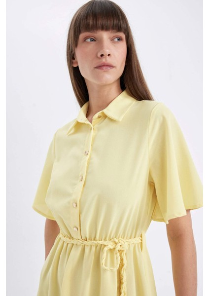 Gömlek Yaka Kısa Kollu Kemerli Mini Elbise D4095AX24HS