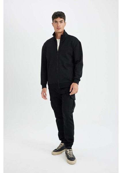 Comfort Regular Fit Rahat Kesim Dik Yaka Cepli Basic Düz Fermuarlı Sweatshirt D4971AX24AU